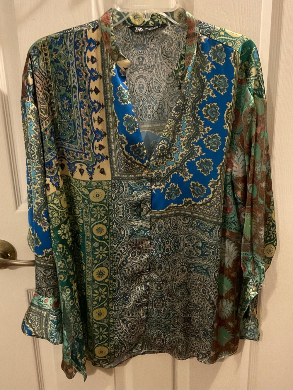 ZARA Blue & Green Patchwork Paisley Button-Front Shirt